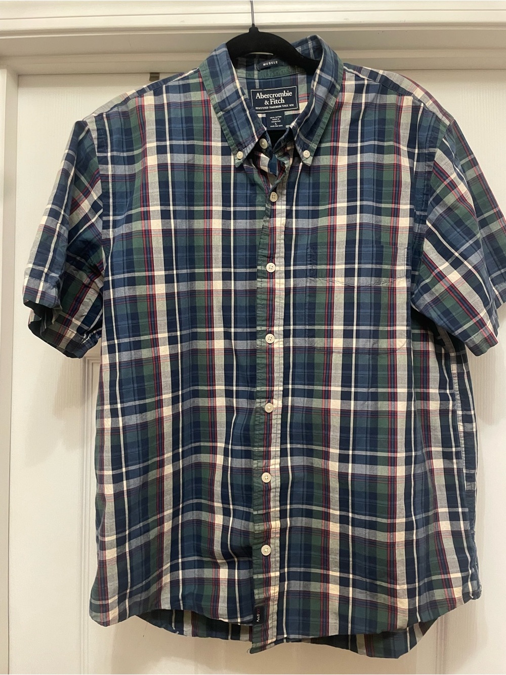 Abercrombie & Fitch Short-Sleeve Plaid Button-Down - Navy, Green, White Classic